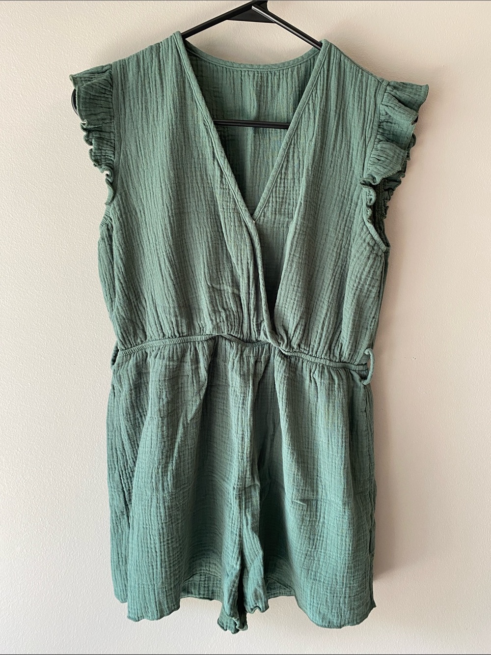 Cupshe Sage Green Gauze Romper with Ruffle Sleeves